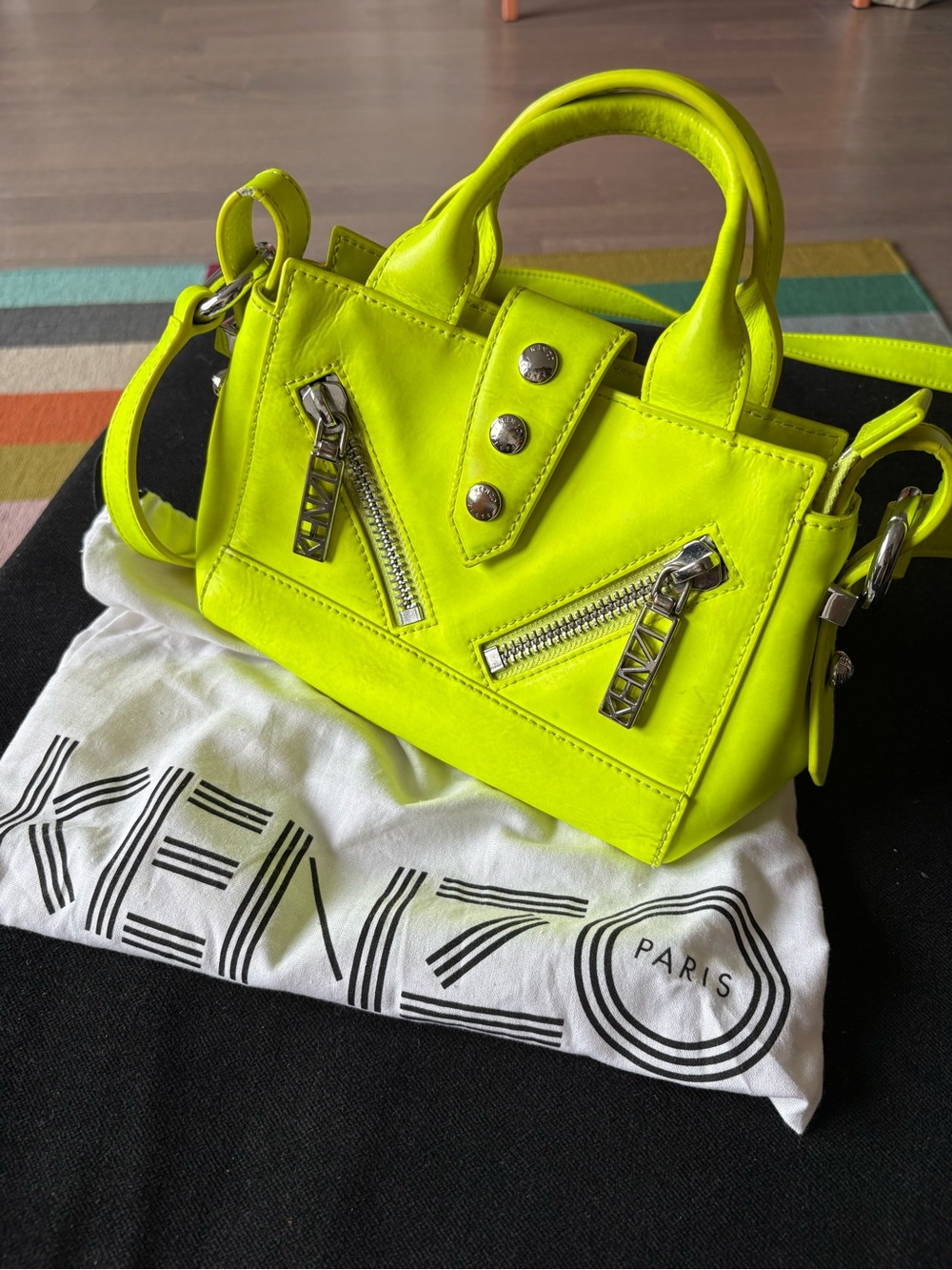 KENZO Kalifornia Neon Yellow Mini Tote with Silver Hardware and Crossbody Strap